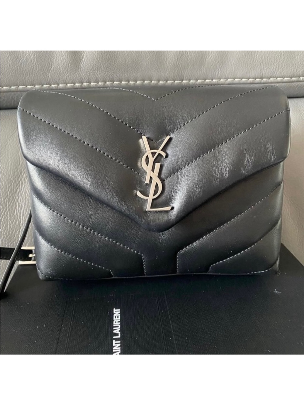 Saint Laurent Black Chevron Quilted Leather Crossbody with Silver YSL
